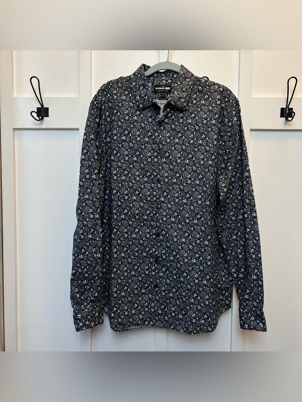 Express 1MX Floral Black Button Up Slim Dress Shirt Size XL Print Stretch Cotton